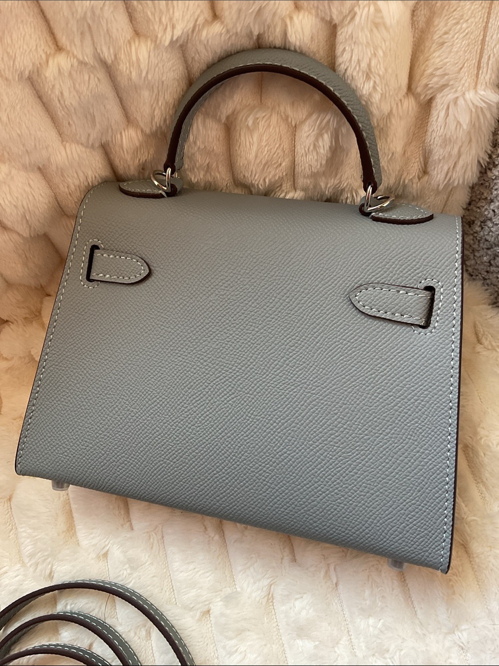 Mini Blue gray Structured Top-Handle Bag with Removable Straps silver hardware. - Picture 3 of 8